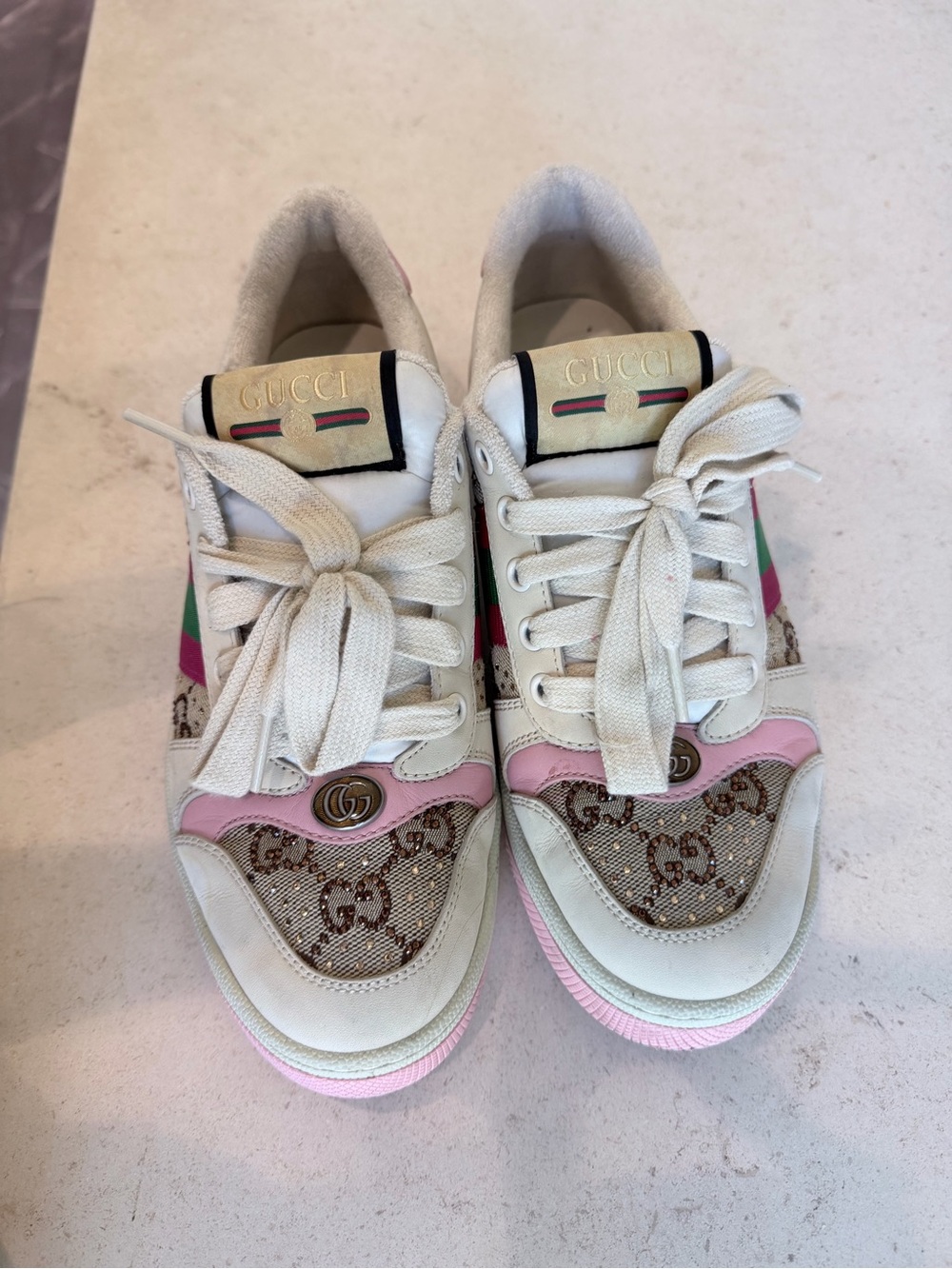 Gucci Women’s White, Pink & Beige GG Canvas Low-Top Sneakers